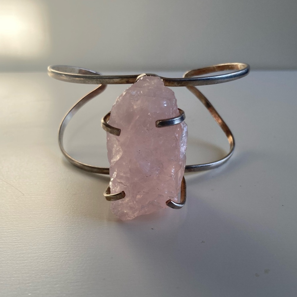 Elegant Silver Bracelet with Raw Rose Quartz Pink Stone